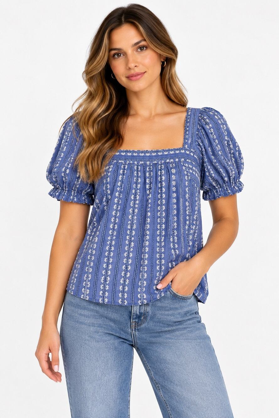Loft Blue Floral Stripe Square Neck Puff Sleeve Blouse Size Medium